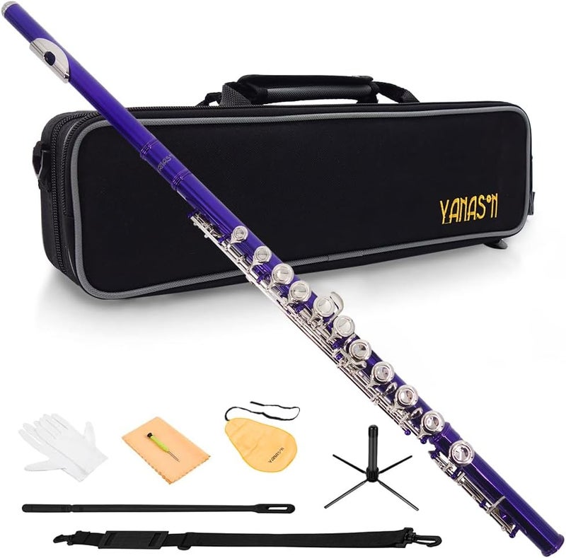 YANASON Purple C Flute Closed Hole 16 Keys Flute Nickel-Plated for Beginner, Student and Professionals with Carrying case, Metal stand, Gloves, Tuning Rod, Cleaning kit(Purple) - Image 1